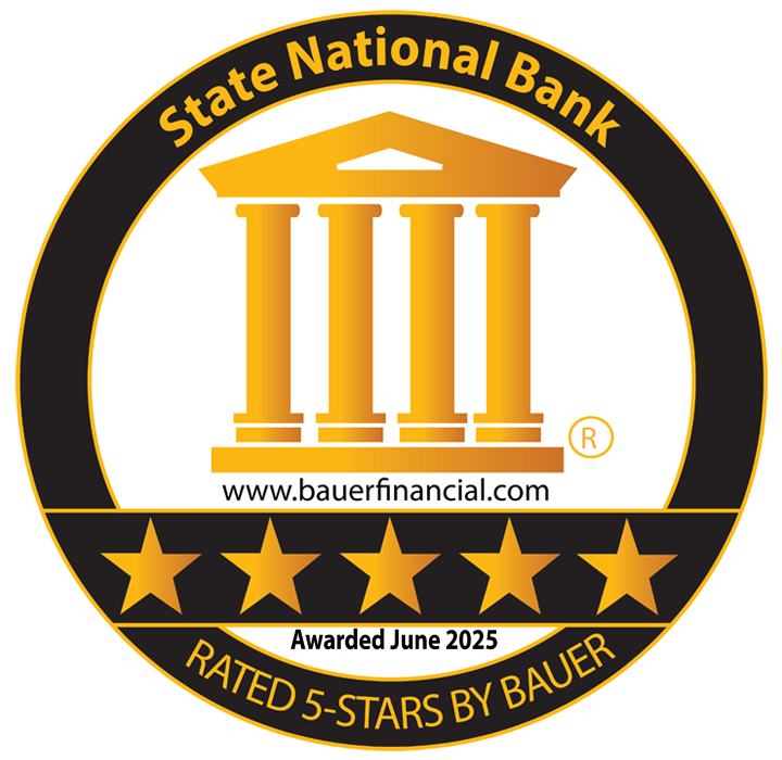 A seal from Bauer Financial denoting State National Bank was rated five stars